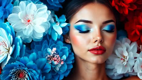 a woman with blue eyeshadow and red lipstick surrounded by flowers