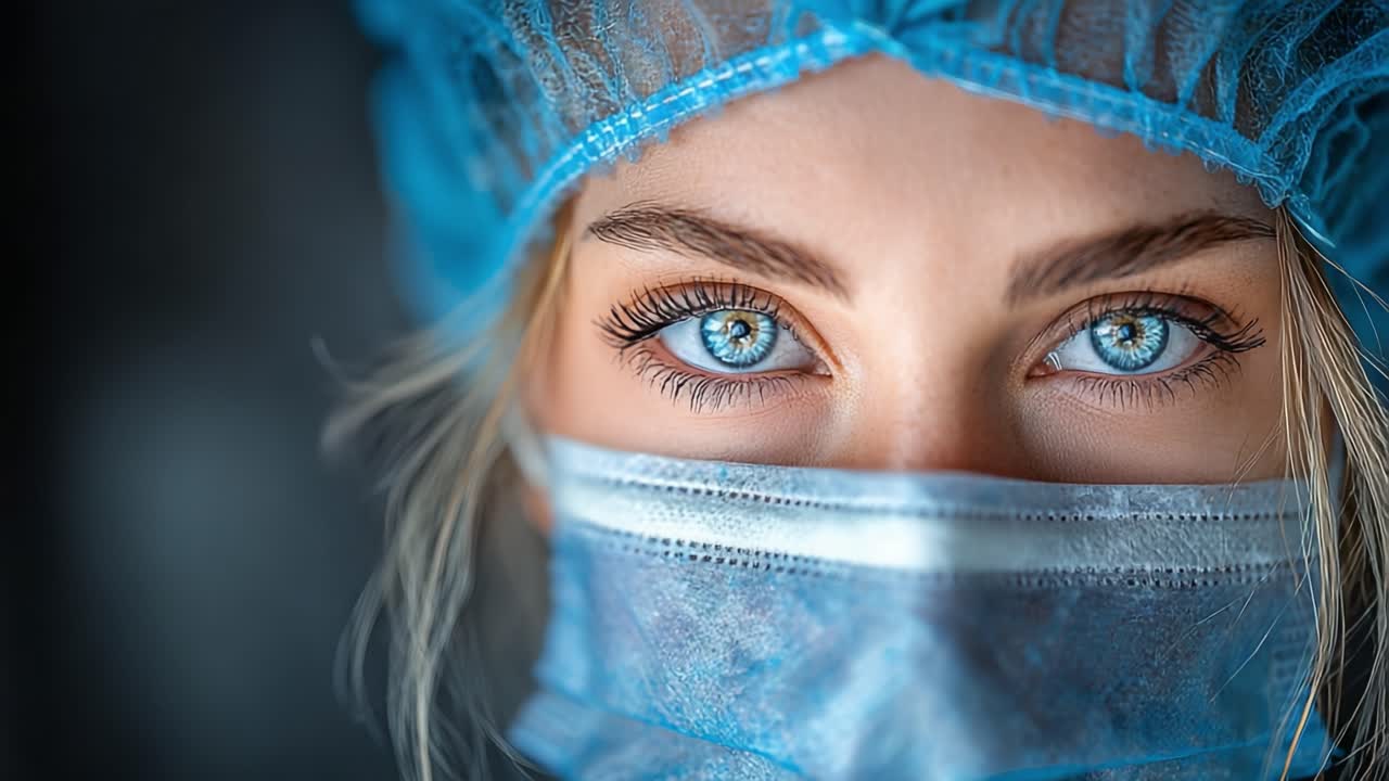 Detailní portrét osoby s rouškou a chirurgickou čepicí, zdůrazňující výrazné modré oči se zaměřením na výraz a emoce v klinickém nebo lékařském prostředí.
