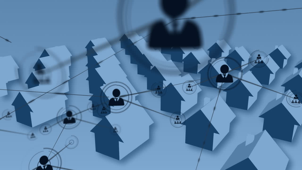 집 의 줄 위 에 있는 아이콘 을 가진 연결 네트워크 의 애니메이션