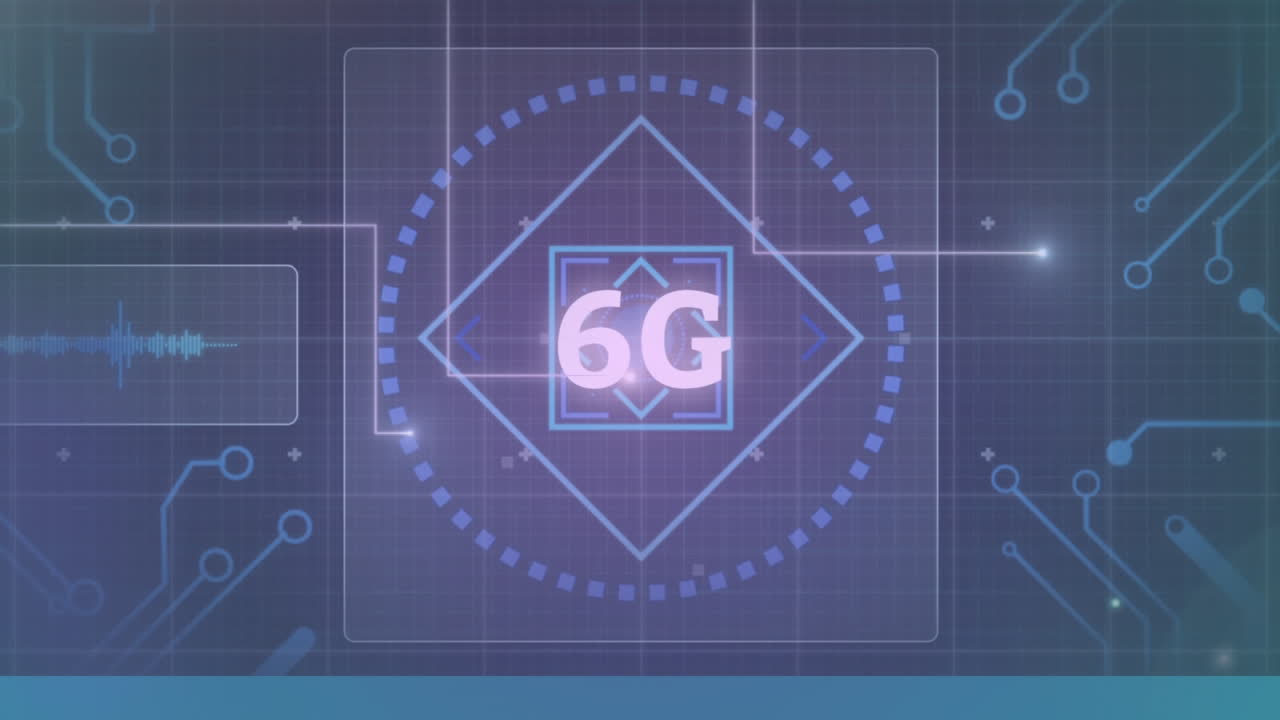 animación de texto de 6g, procesamiento de datos y alcance en pantallas sobre cuadrícula