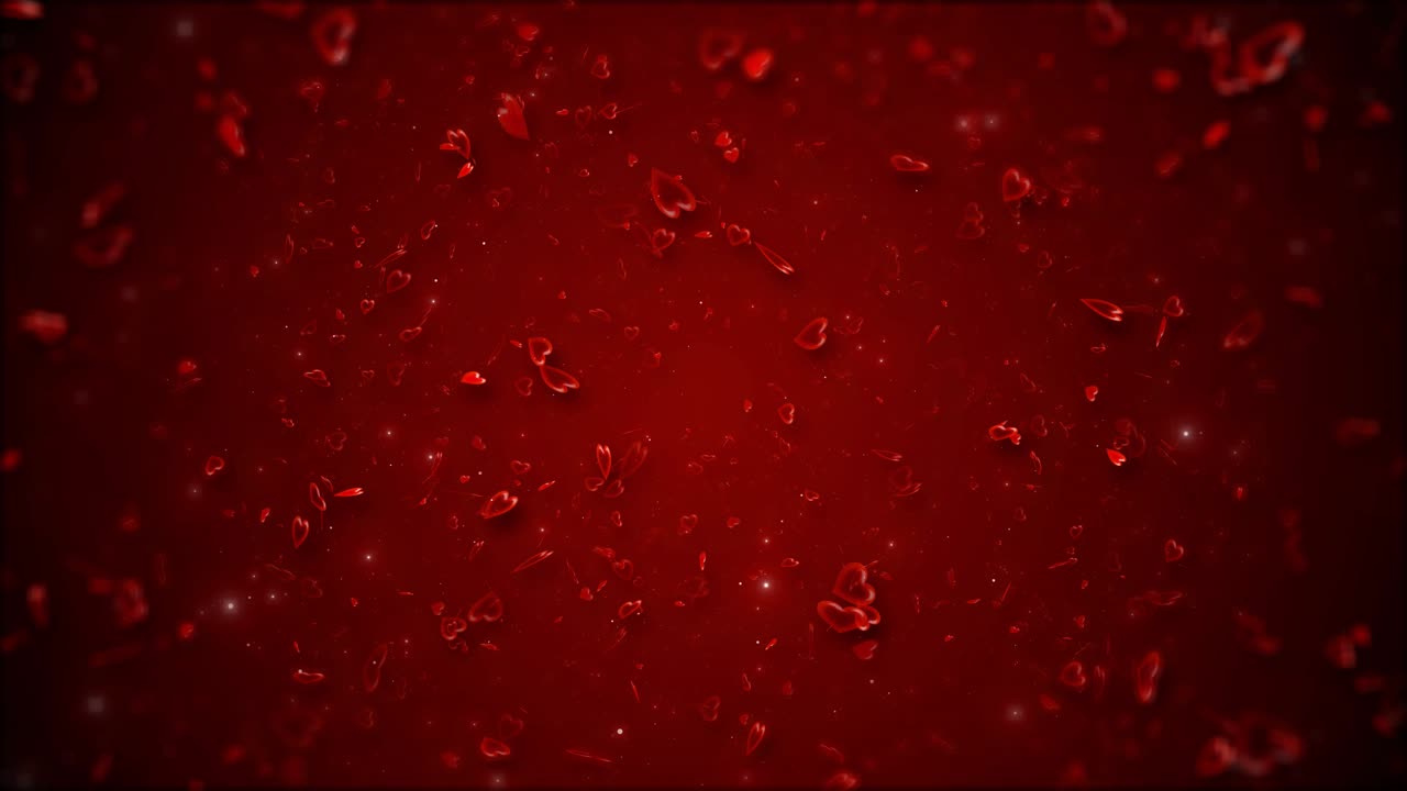 Bokeh de luzes cintilantes e brilhantes em forma de corações fluindo e caindo pela tela