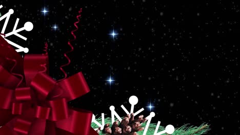 Animation-of-christmas-decorations,-stars-falling-over-dark-background