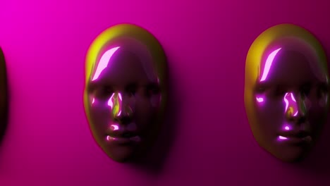 Shimmering-masks-in-3D-animation,-casting-reflections-of-pink-and-yellow-on-a-bold-magenta-background,-exuding-contemporary-artistry