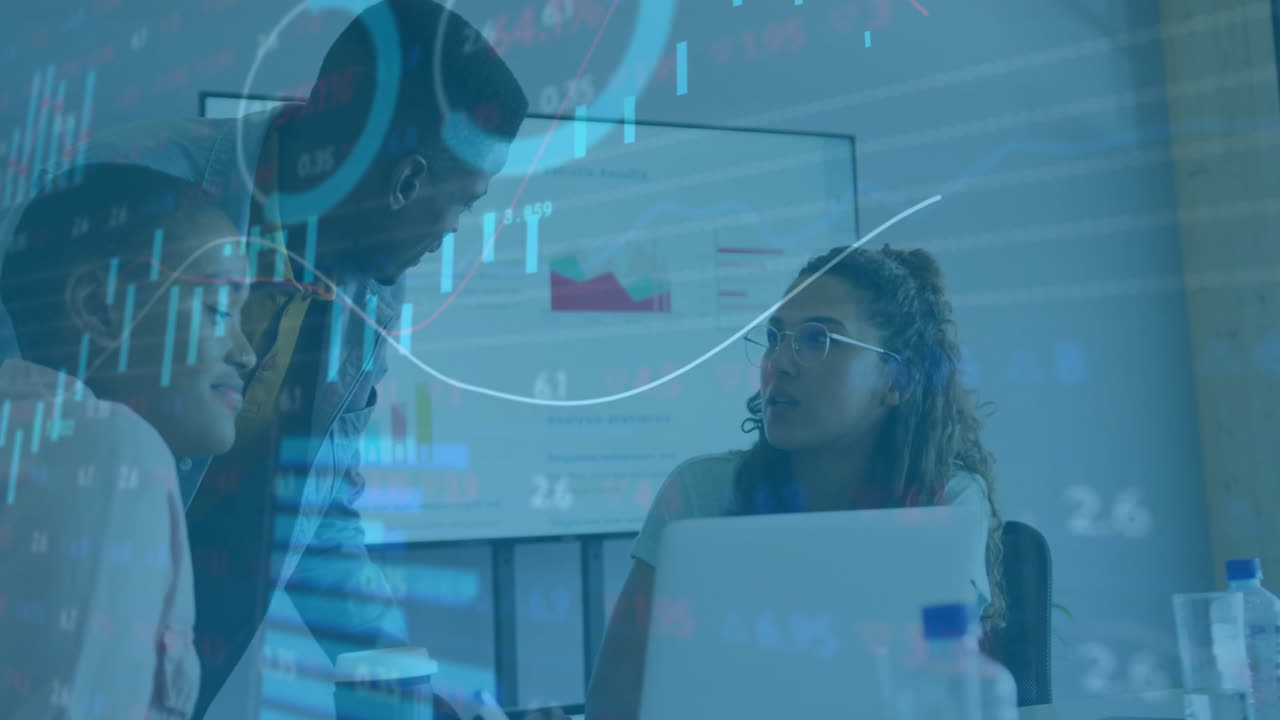 In school, diverse team discussing business meeting with animation of data charts