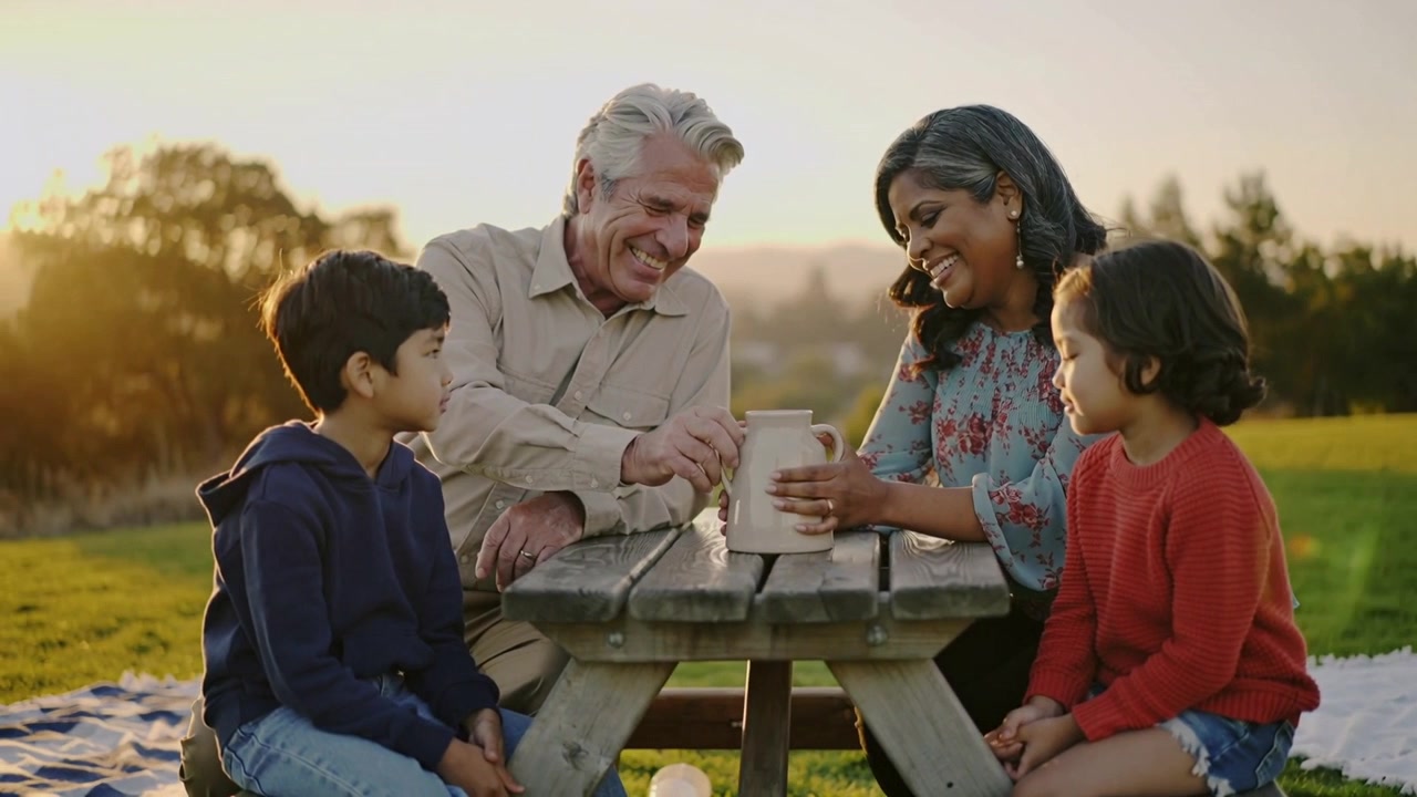 Tapping senior man passing pitcher to woman at picnic table on grassy hill, floral blouse showing