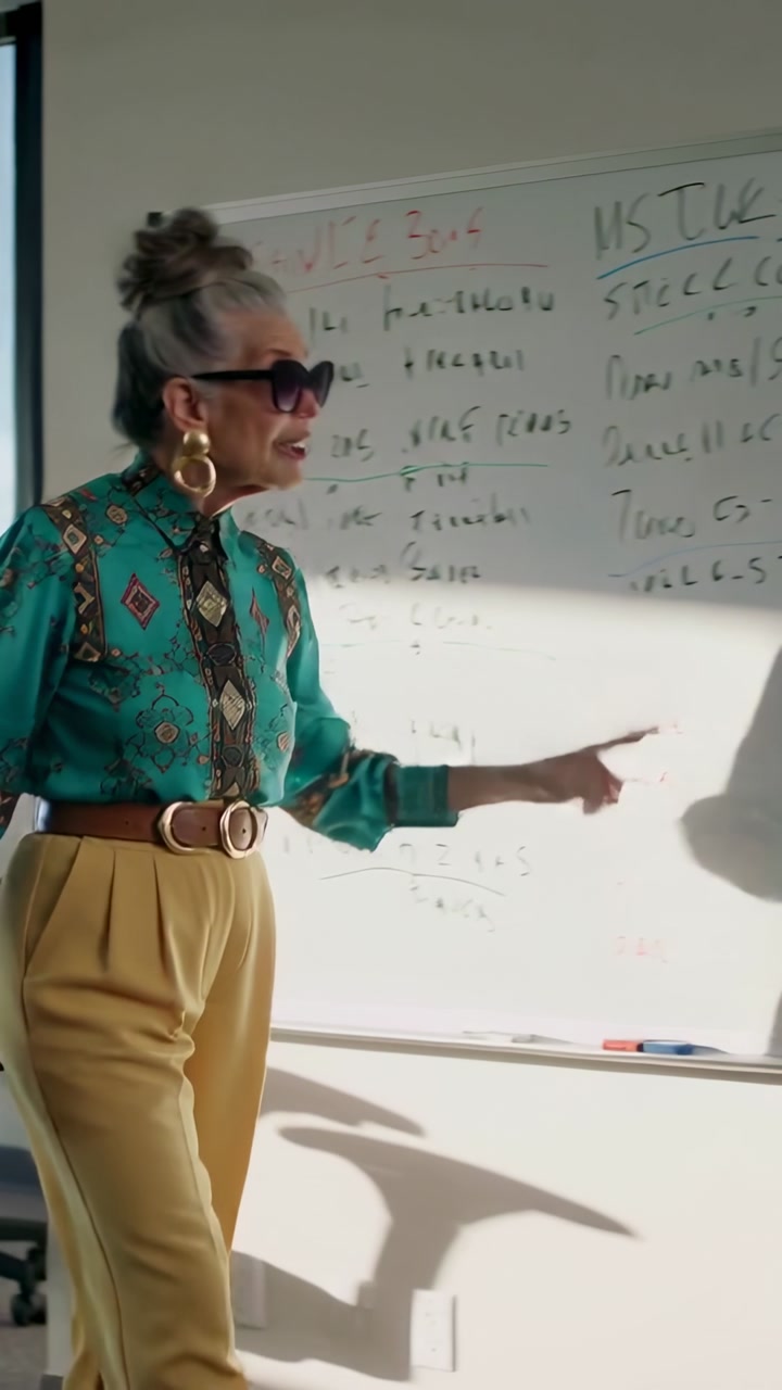 Senior woman entering room, starting business talk, moving to whiteboard and pointing diagrams