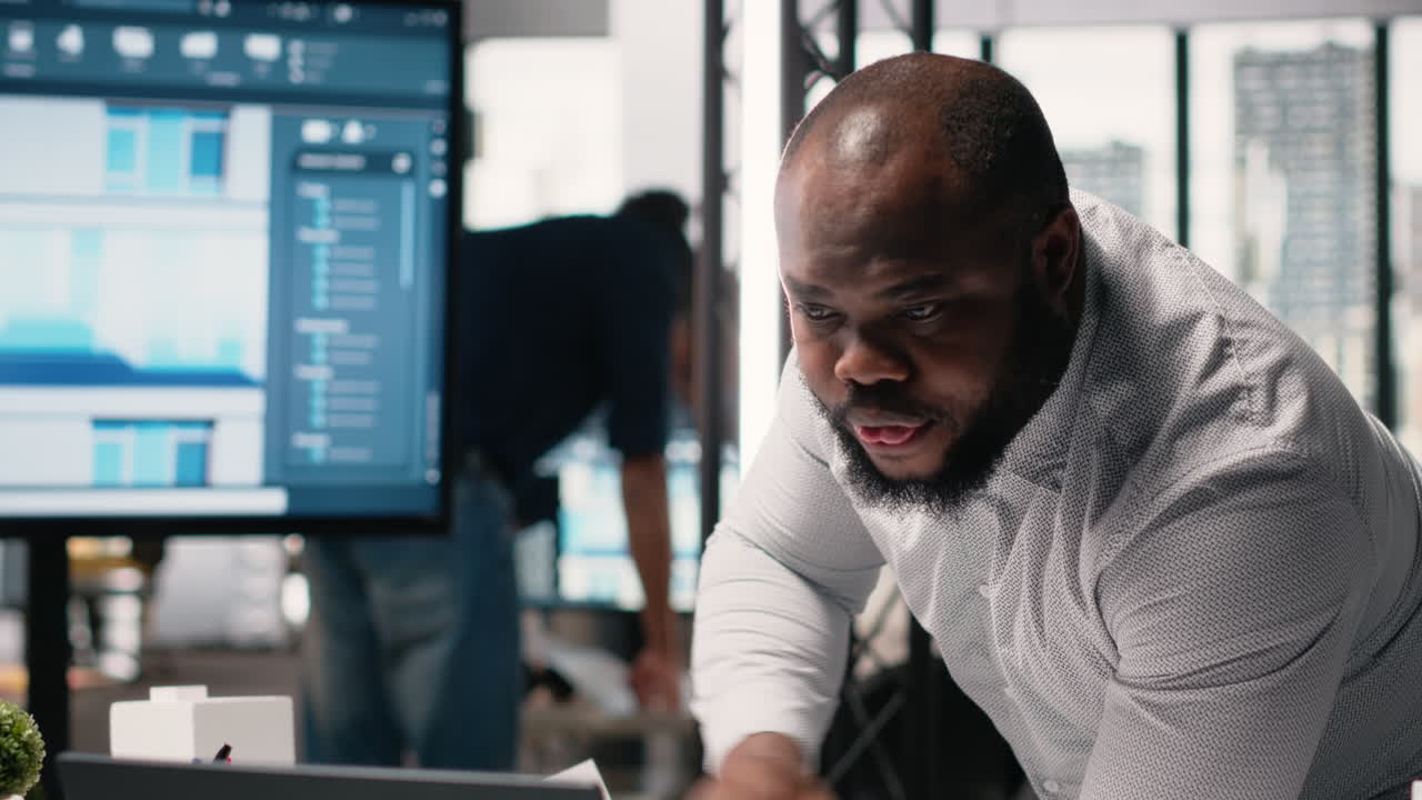 Vertical Video Black property engineer collecting construction details on blueprints sketch