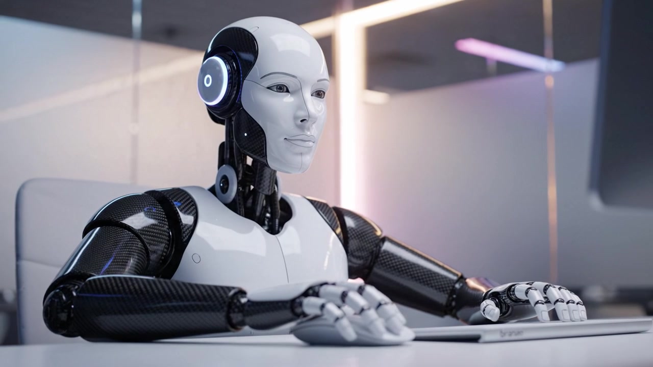 Un robot umanoide futuristico con design elegante e caratteristiche illuminate, concentrato su uno schermo di computer, che mostra l'integrazione di IA avanzata e tecnologia in ambienti moderni.