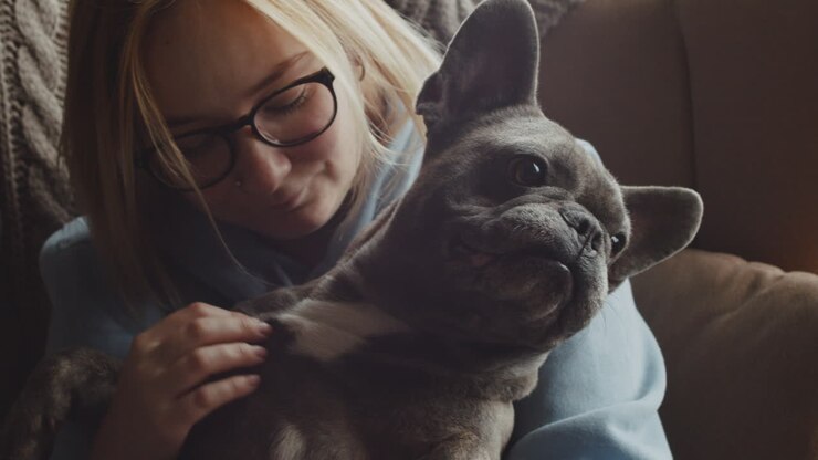 Primo piano di donna dai capelli rossi che accarezza il suo bulldog mentre sono seduti sul divano nel soggiorno di casa 5