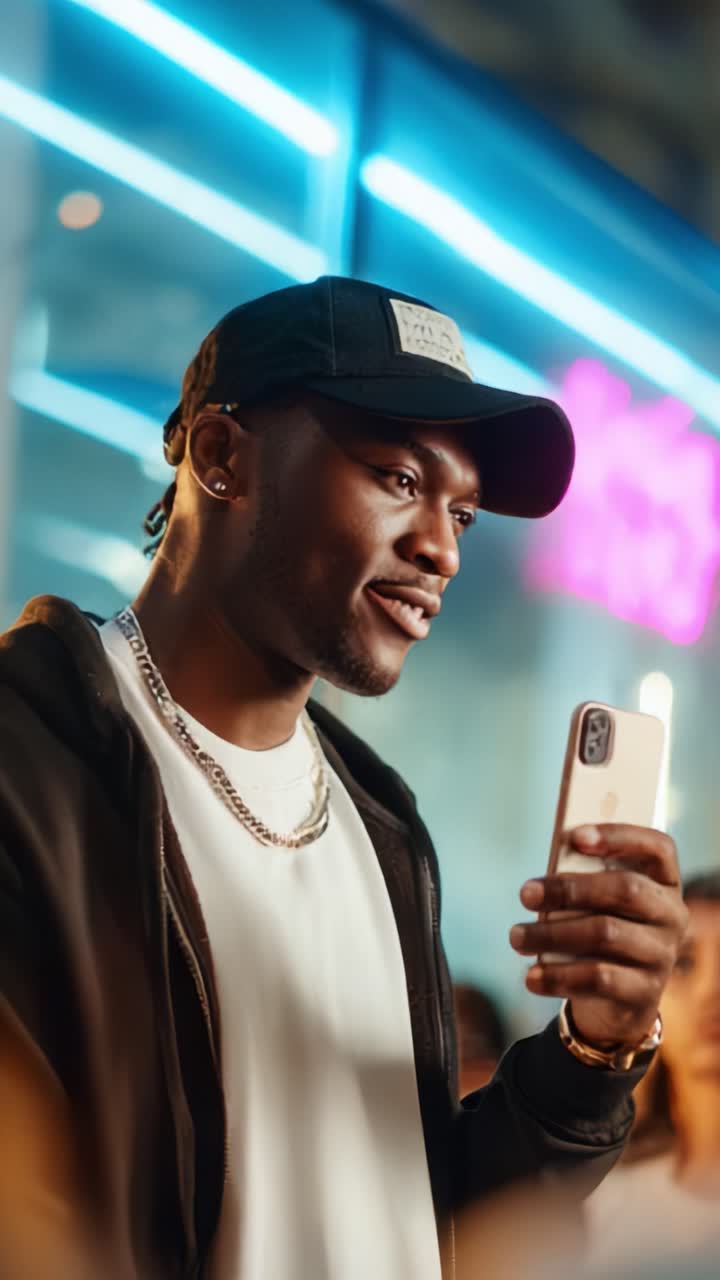 En ung mann engasjert i samtale mens han holder en smarttelefon i en levende, opplyst setting, som fremhever forbindelsen gjennom teknologi og kommunikasjon