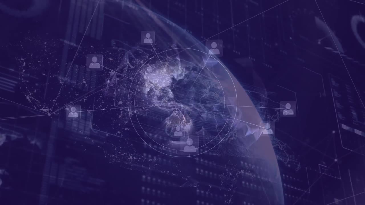 금융 데이터 처리의 애니메이션과 파란색 배경의 지구