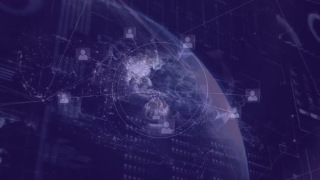 animation of financial data processing and globe on blue background