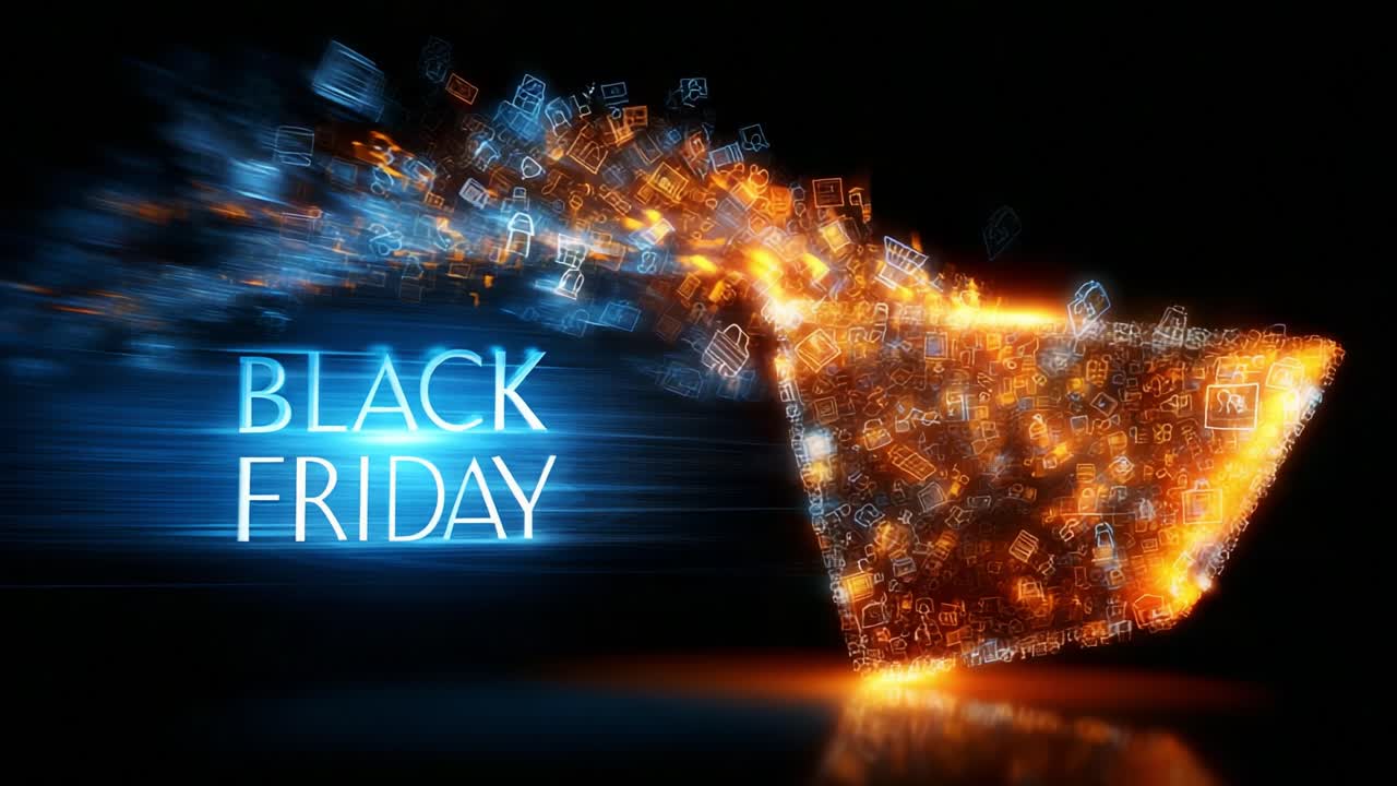 Dynamic Visualization of Black Friday Shopping Experience with a Vibrant Display of Products and Digital Icons Emitting from a Shopping Bag, Highlighting Deals and Sales