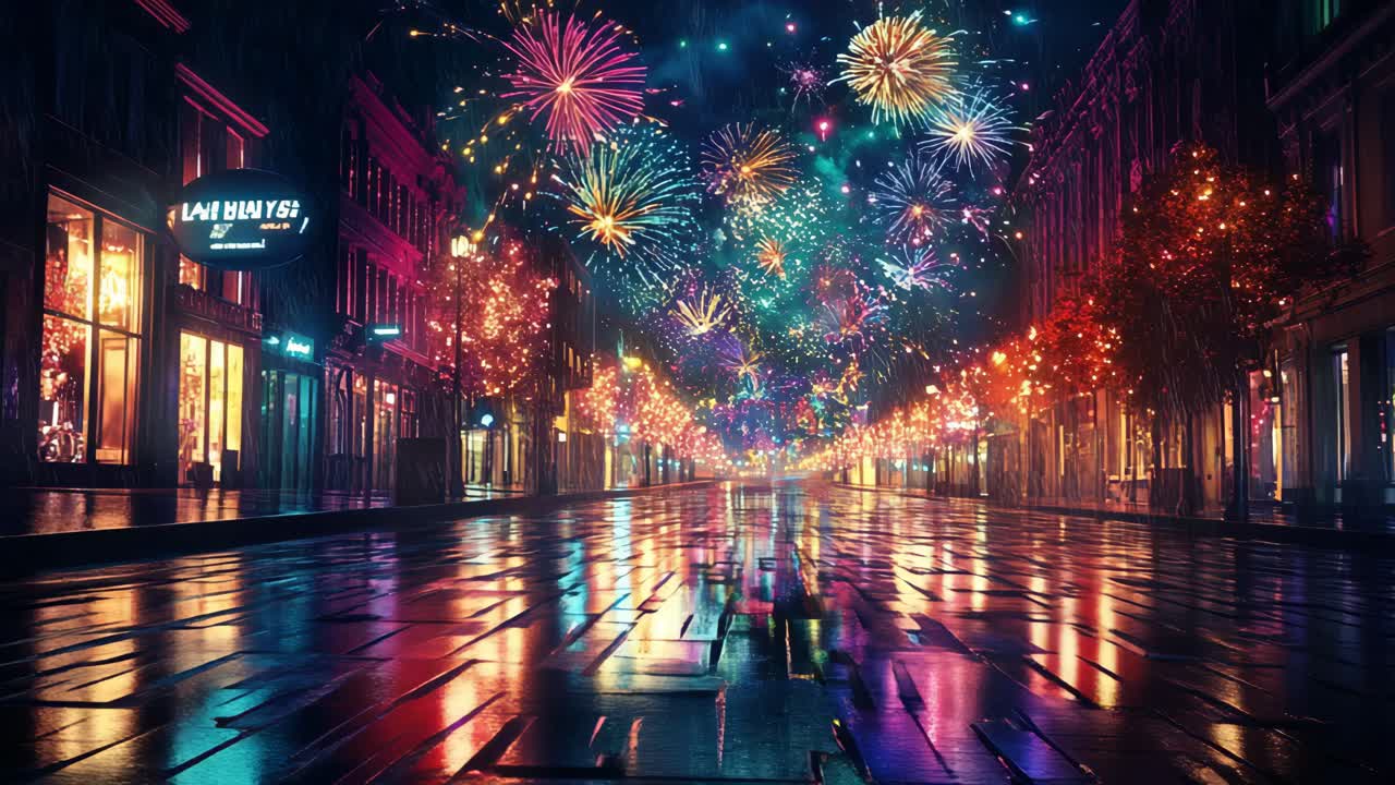 Fireworks over a wet city street at night