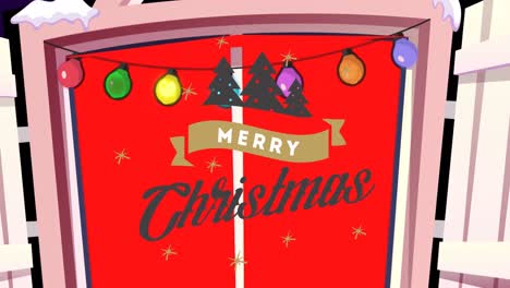 animation of merry christmas, window and decorations on red background