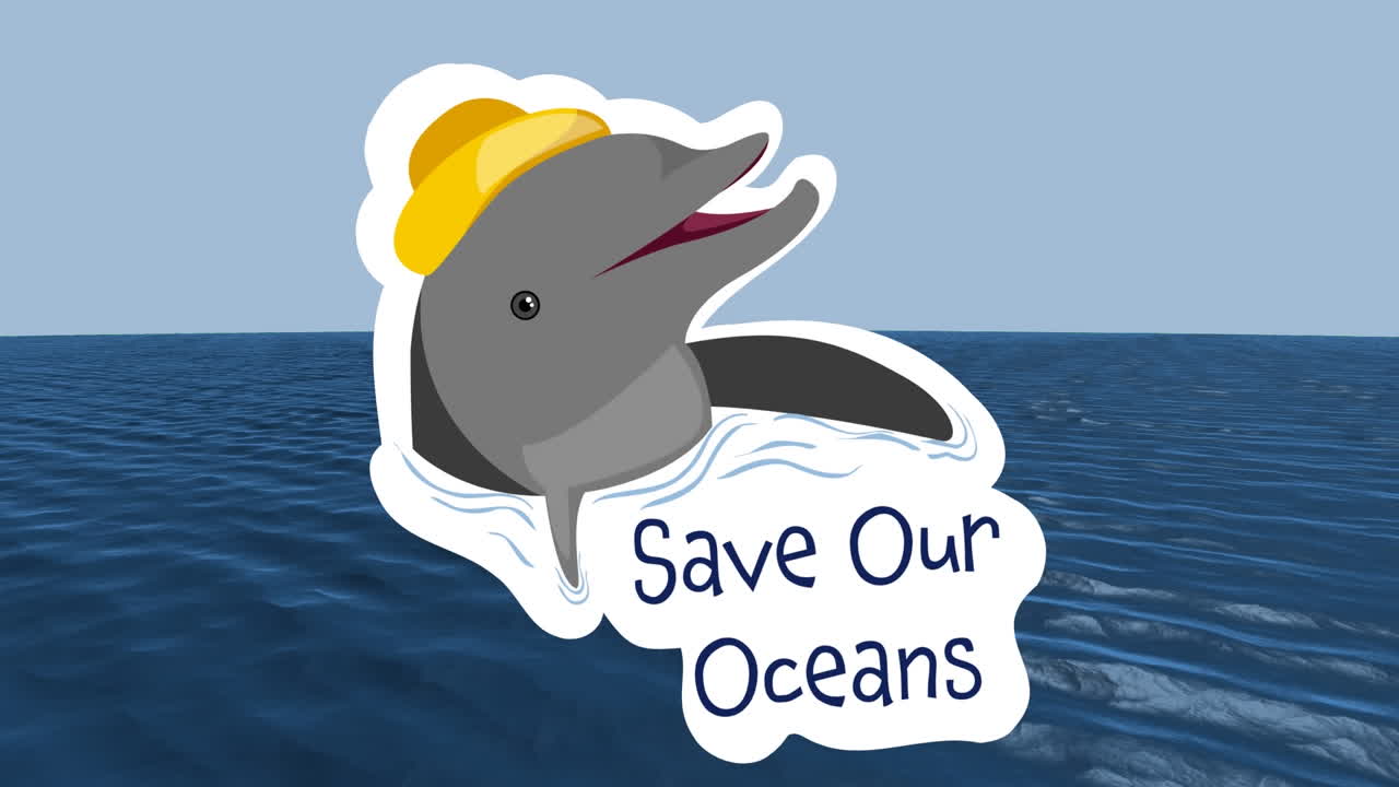 돌고래와 바다 위의 save our oceans 텍스트의 애니메이션