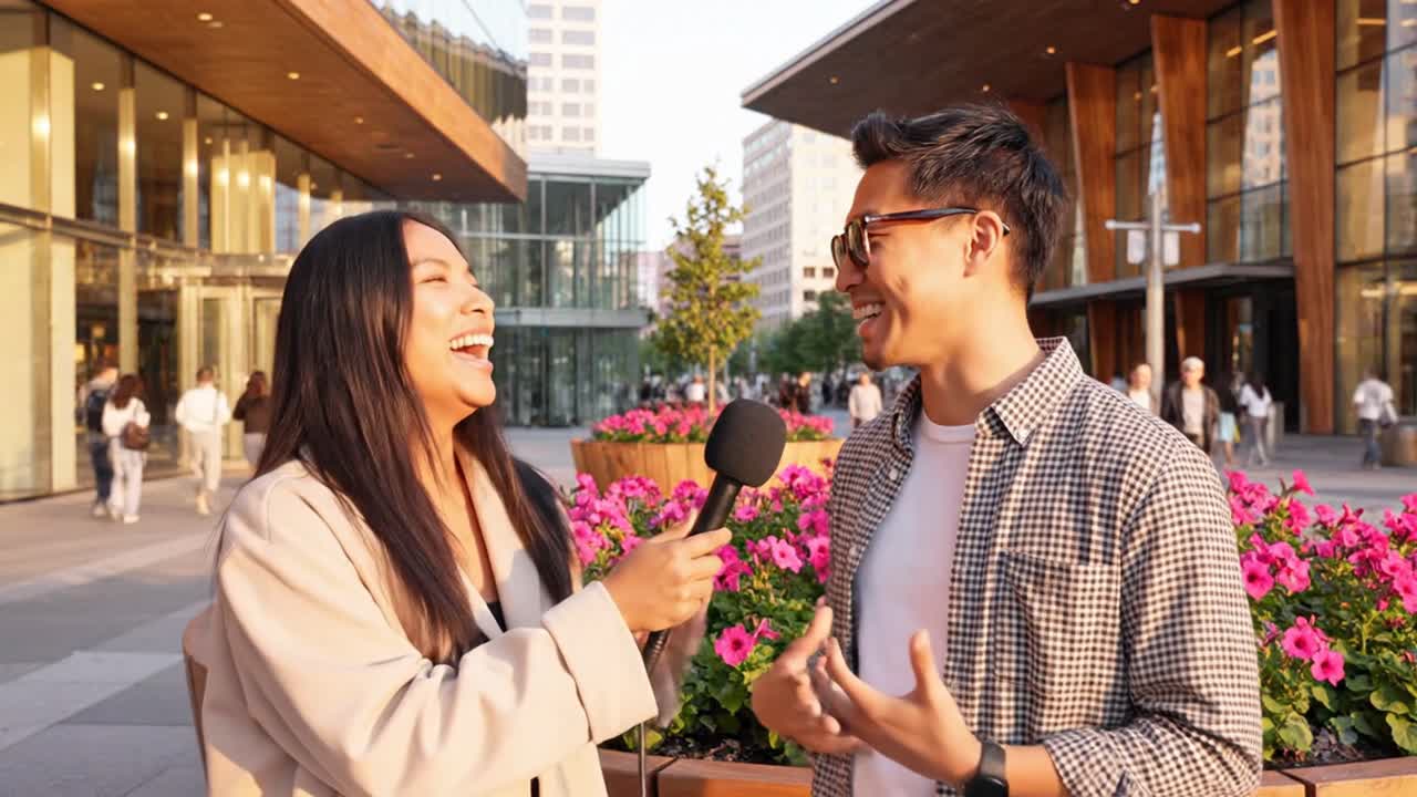 도심에서 길거리 뉴스를 취재하는 기자와 남성