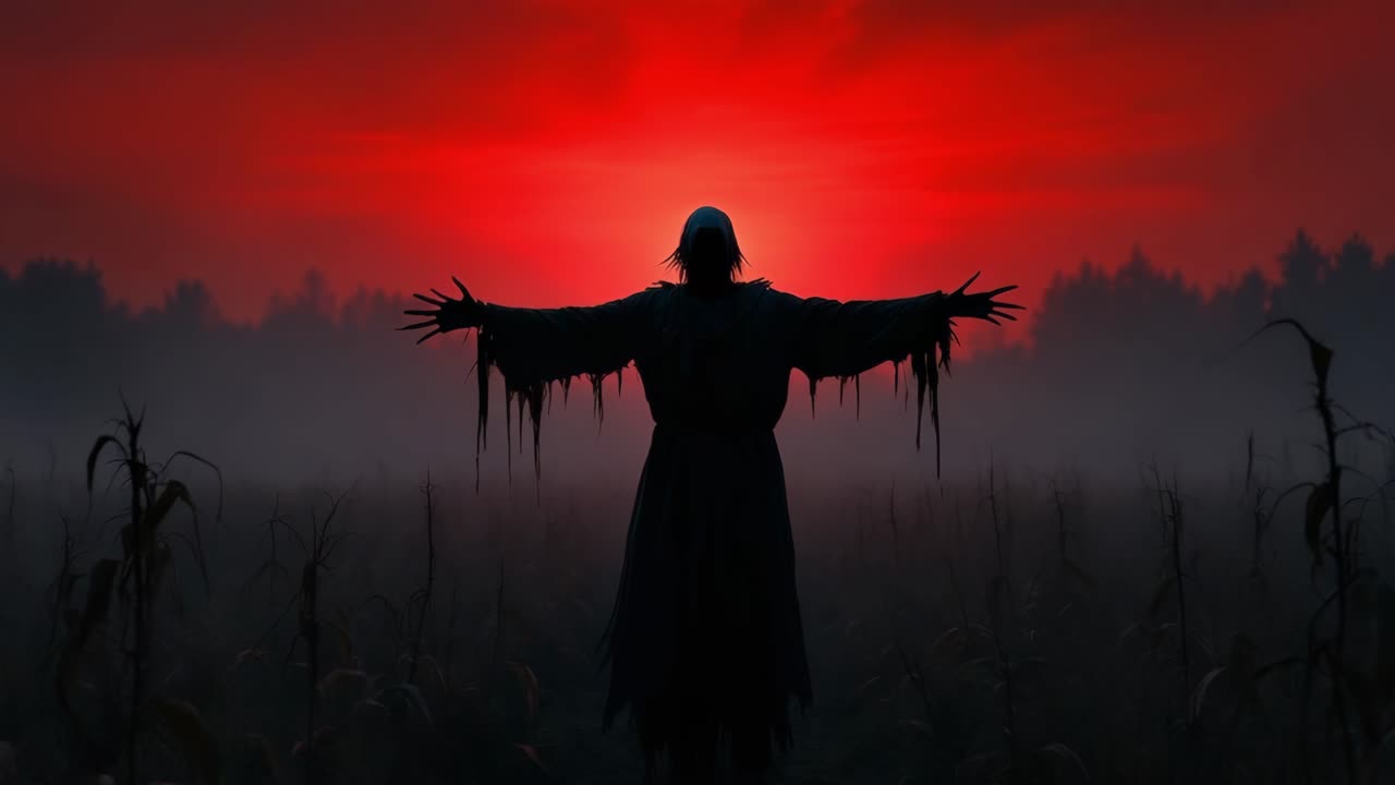 Dark figure with outstretched arms in a misty cornfield against a vibrant sunset backdrop