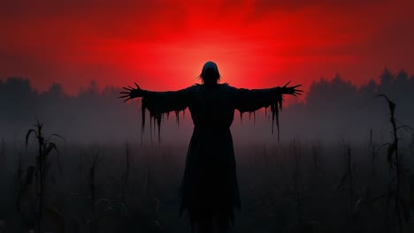 dark figure with outstretched arms in a misty cornfield against a vibrant sunset backdrop