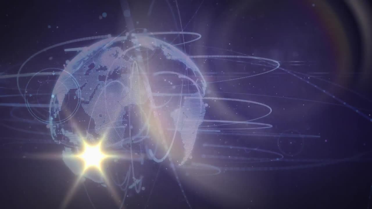 animación del destello de la lente sobre líneas alrededor del globo que giran contra un fondo negro.