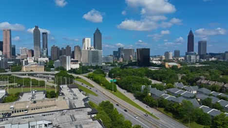 skyscrapers on skyline of downtown atlanta in daytime in georgia, usa. - aerial shot