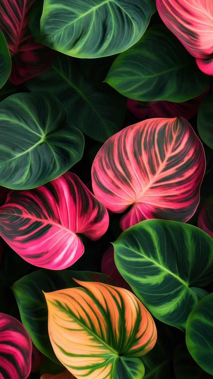 Vibrant, close-up top view of colorful tropical leaves, perfect for a nature-themed video background