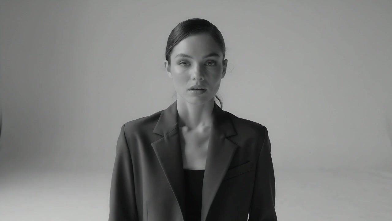 Modella che cammina mentre la telecamera si avvicina, stringendo l'inquadratura al ciclorama, mostrando il viso in blazer scuro.