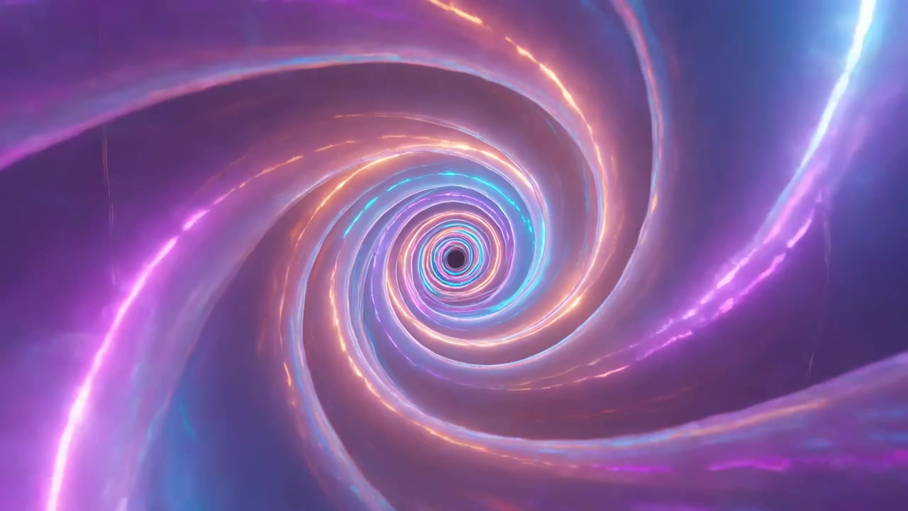 Caméra se déplaçant à travers un vortex spiralé néon vers un noyau sombre, la lecture démarrant avec des particules lumineuses.