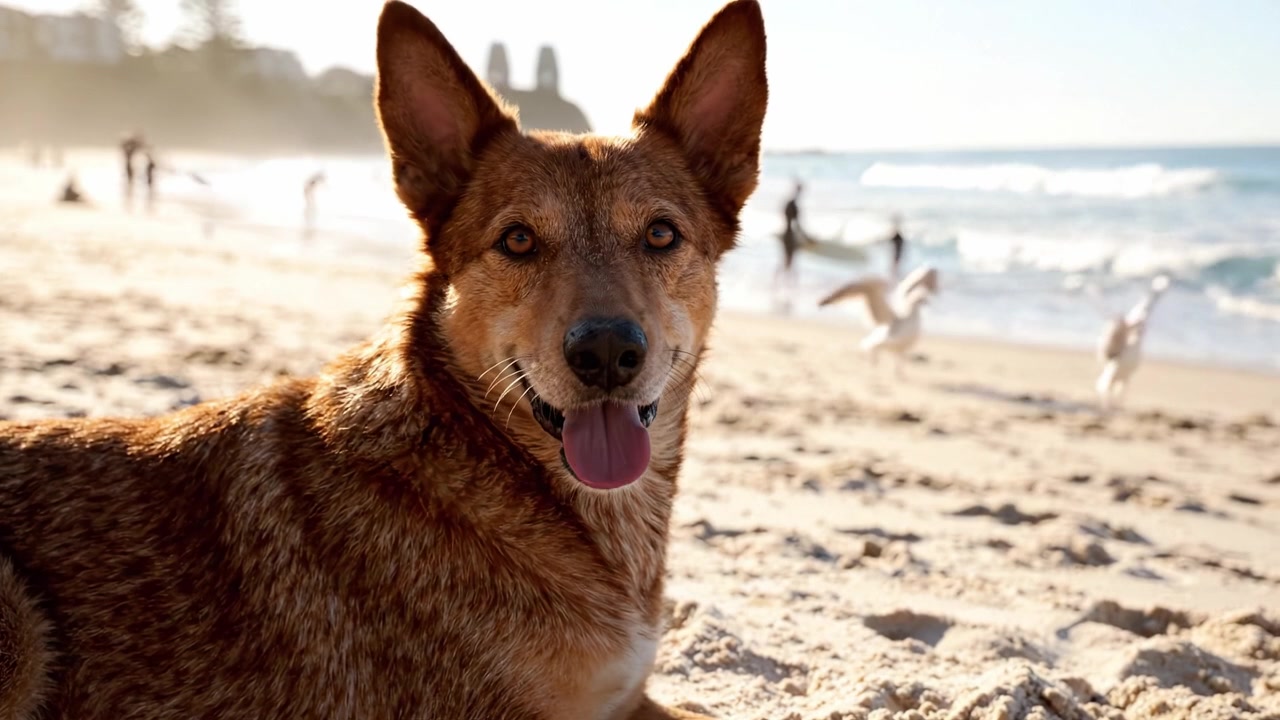 Un bellissimo cane che si gode una giornata di sole in spiaggia, rilassandosi sulla sabbia e osservando le onde che si infrangono mentre le persone giocano sullo sfondo.