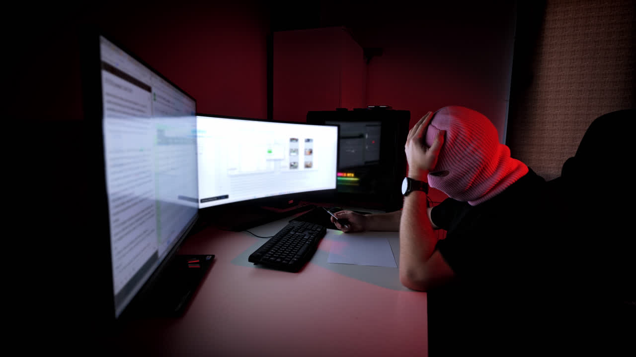Hacker in pink ski mask holds head while thinking in moody red-lit workspace