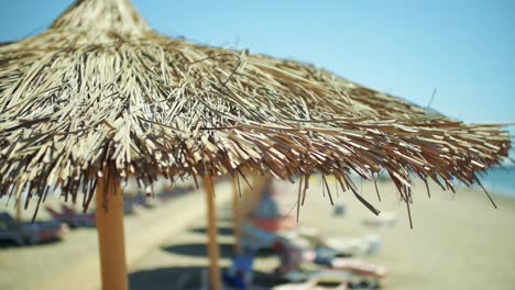 beach umbrella and loungers on sandy beach