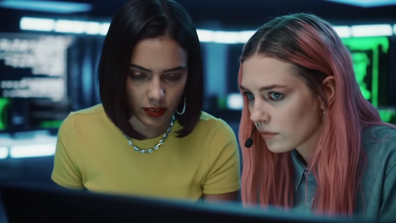 Focused Analysts in a High-Tech Environment Working Together on Complex Data Visualizations and Cybersecurity Challenges with Concentration and Urgency