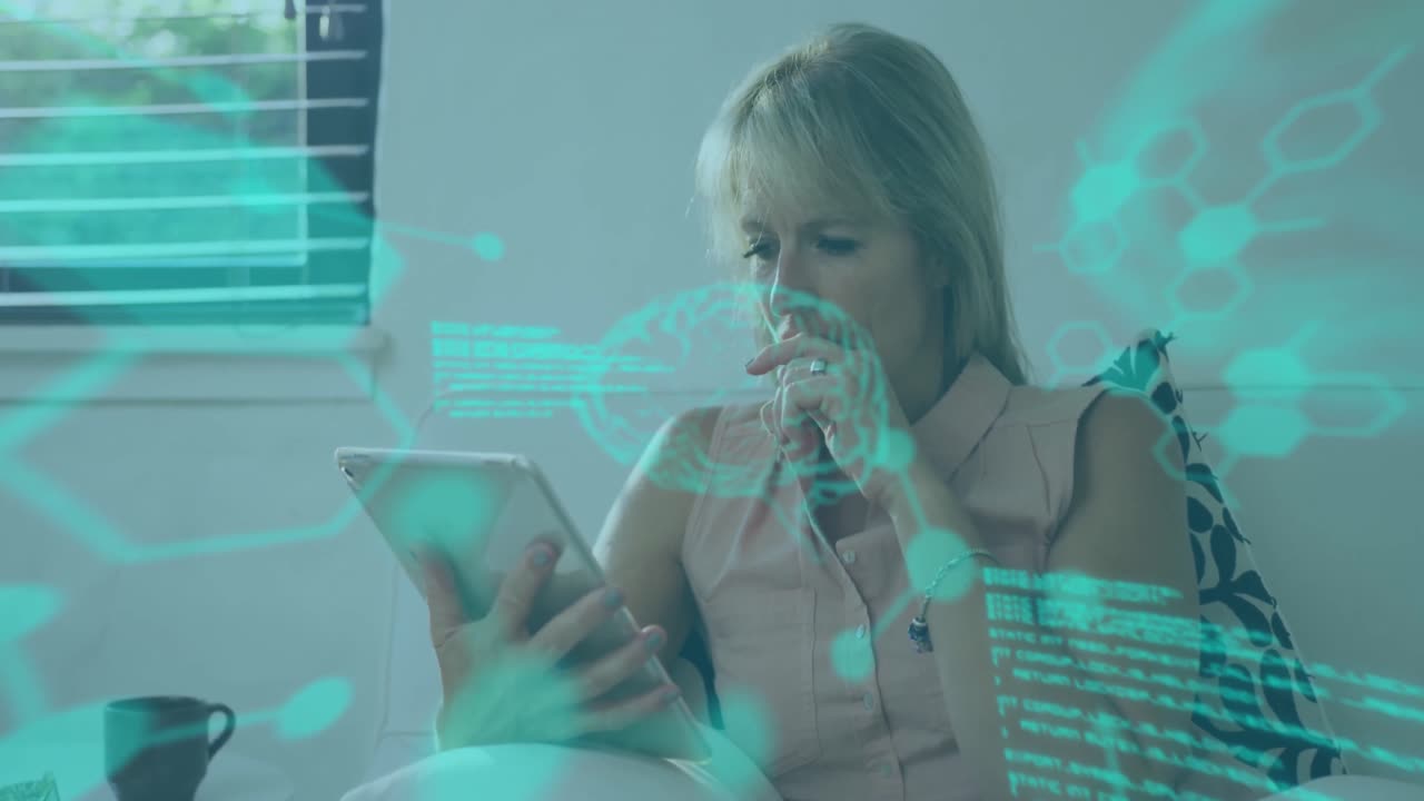 Animation of brain, molecule structures, computer language, caucasian woman using digital tablet