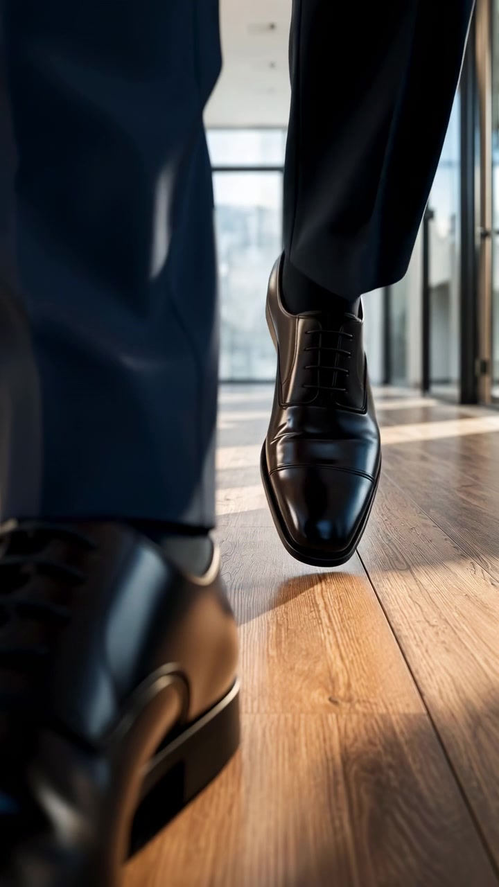 Modern bir ofis koridorunda, sıcak bal kahverengisi vernikli ahşap parkeler üzerinde yürüyen alt bacaklar ve cilalı siyah deri oxford ayakkabıların alçak açılı, merkezlenmiş görünümü, yumuşak yansımalarla.