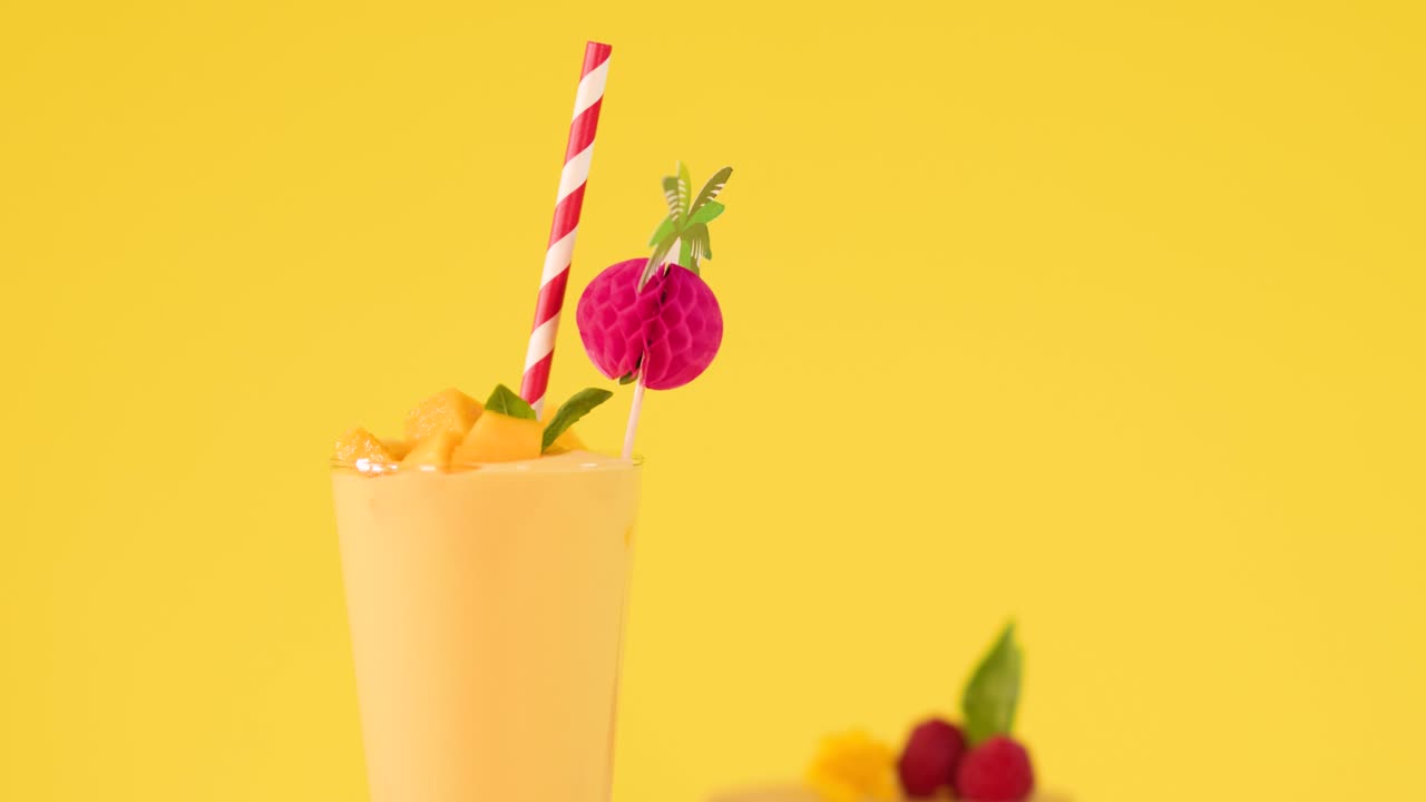 Sfondo giallo brillante con frullato al mango, cannuccia a righe, guarnizione di frutta e un leggero movimento della fotocamera