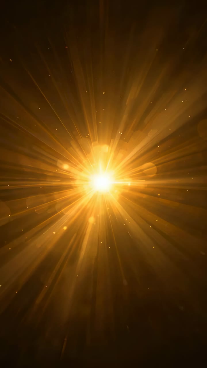 Vertical video: Appearing point starting golden core growing in space, emitting rays halos sparks