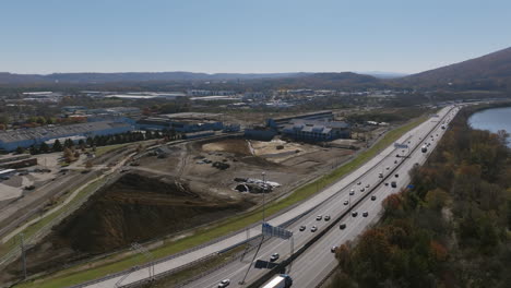 aerial footage rotating around a steel factory that is being renovated for multi-use development in chattanooga, tn.