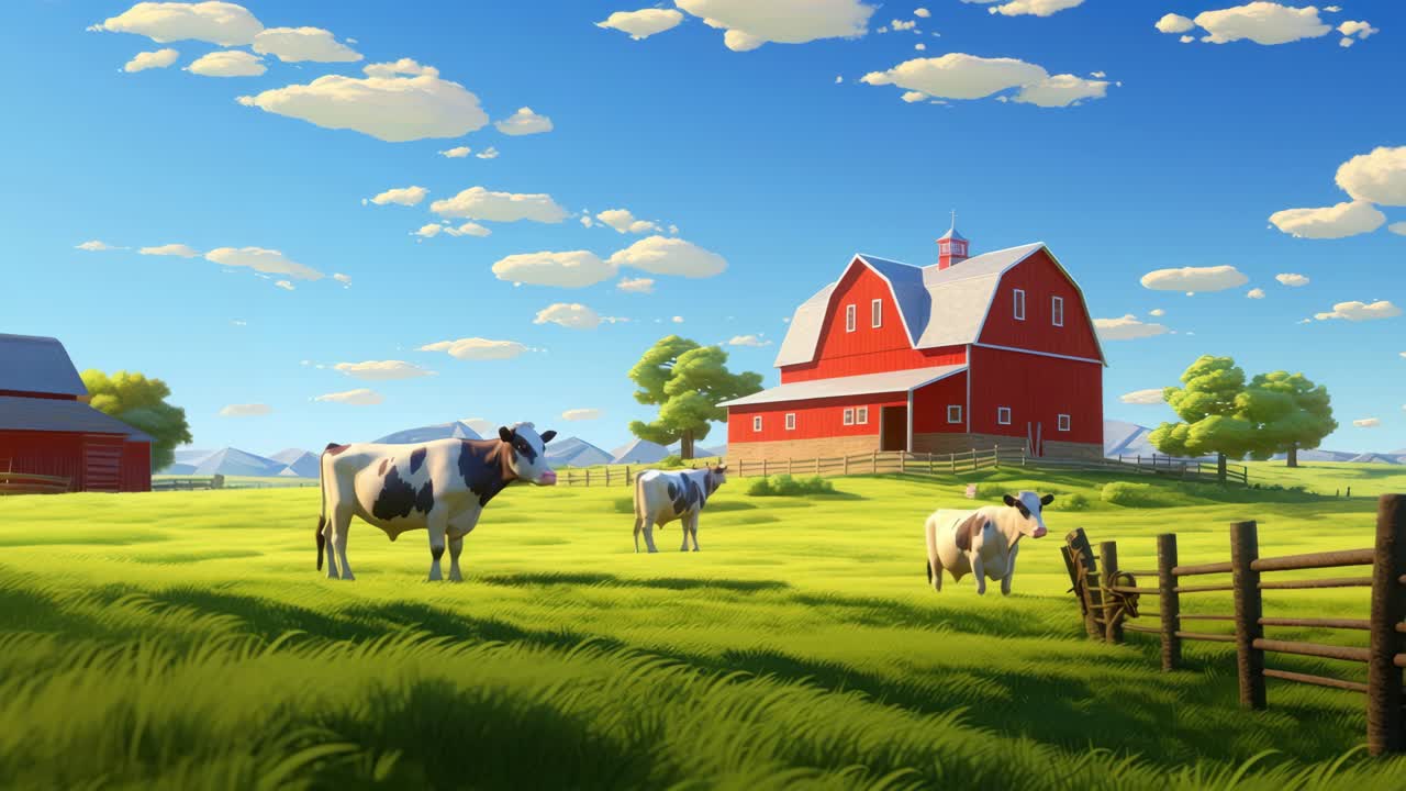 A picturesque farm scene with cows grazing near a red barn
