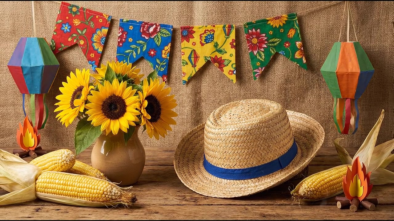 Ambiente de cocina rústica con sombrero de paja, girasoles en jarrón, maíz amarillo y banderines de fiesta coloridos colgando de fondo.