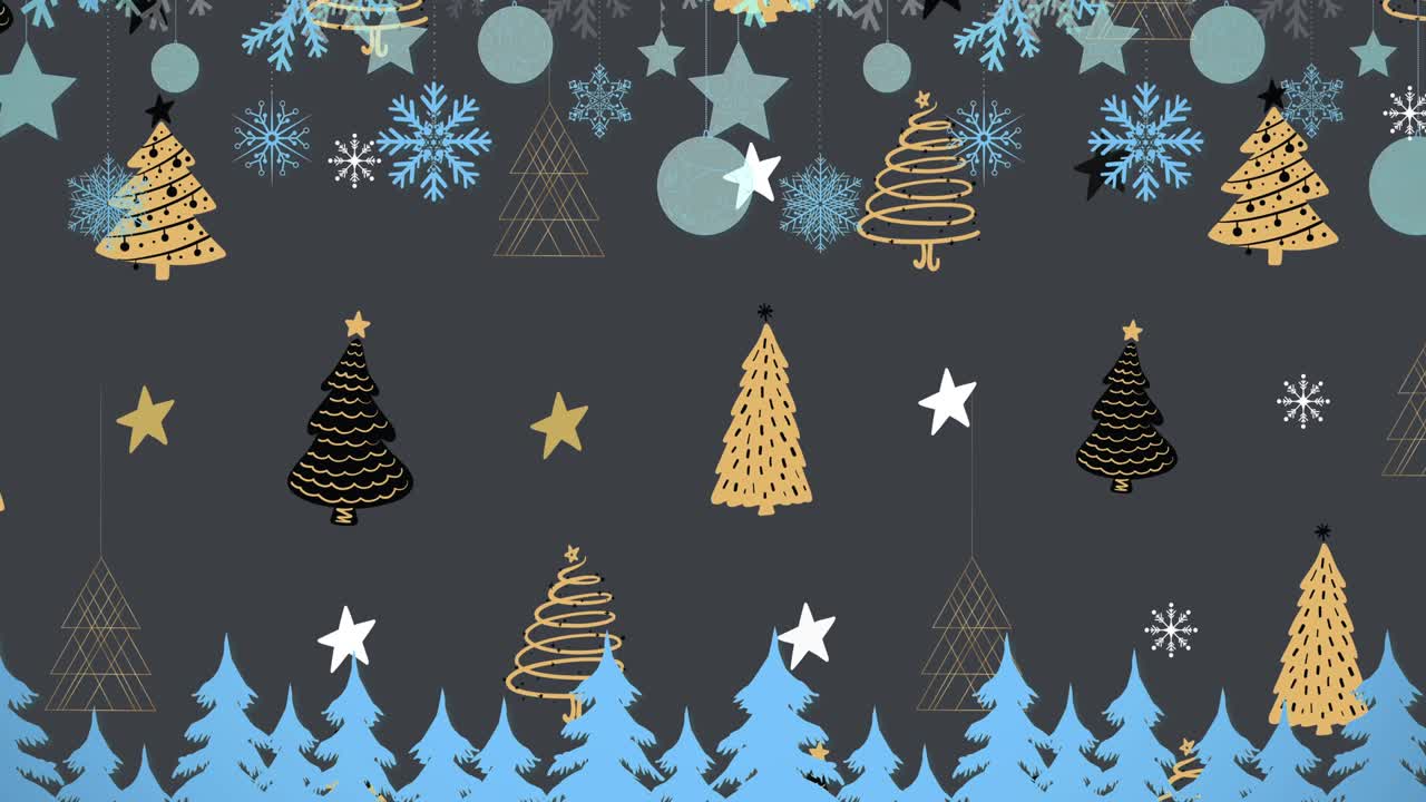 animación de decoraciones navideñas con bolas sobre estrellas y árboles de navidad sobre fondo negro