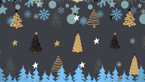 animation of christmas decorations with baubles over stars and christmas trees on black background