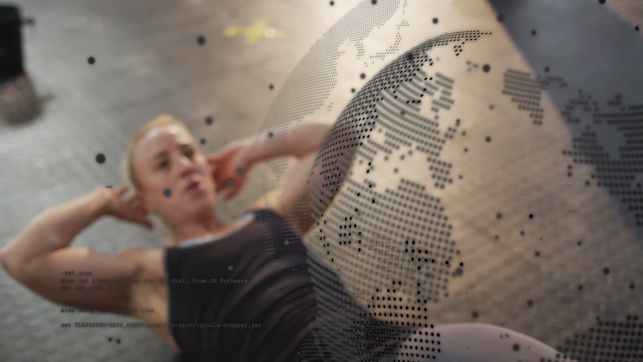 Woman doing crunches, starting first rep, building core fitness, dotted globe and code overlaying