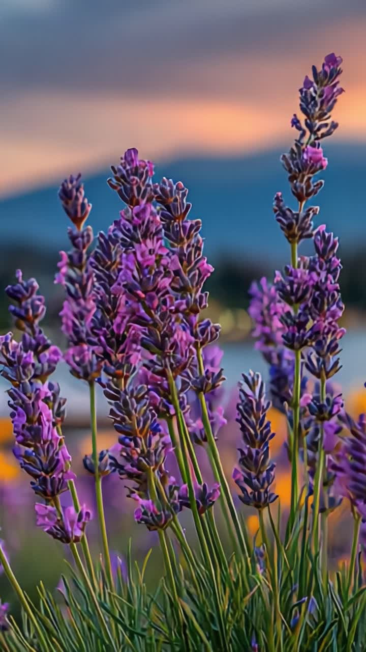 Un sereno campo di lavanda catturato al crepuscolo, che mette in mostra vivaci fiori viola con un magnifico tramonto sullo sfondo, evocando pace e tranquillità