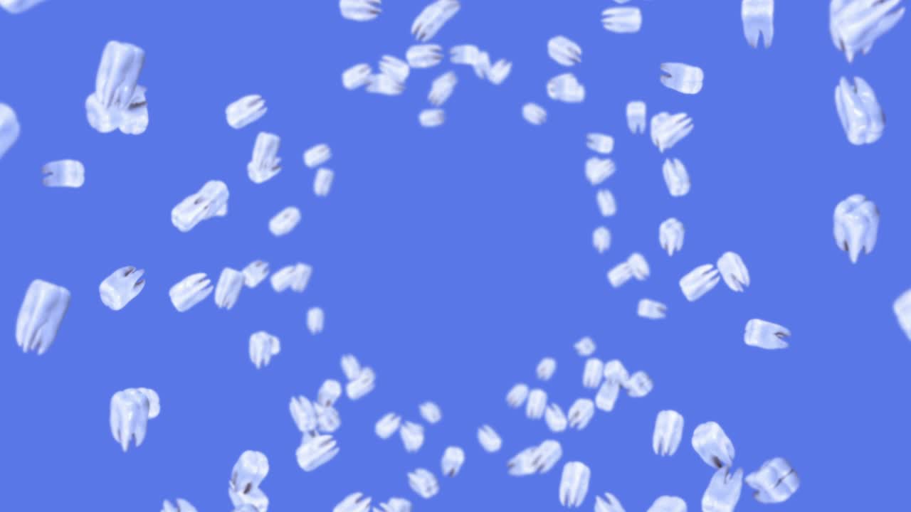 파란색 바탕에 많은  이빨을 날아. 치과 관리 개념. 치아 회전의 3d 애니메이션. 루프 애니메이션.