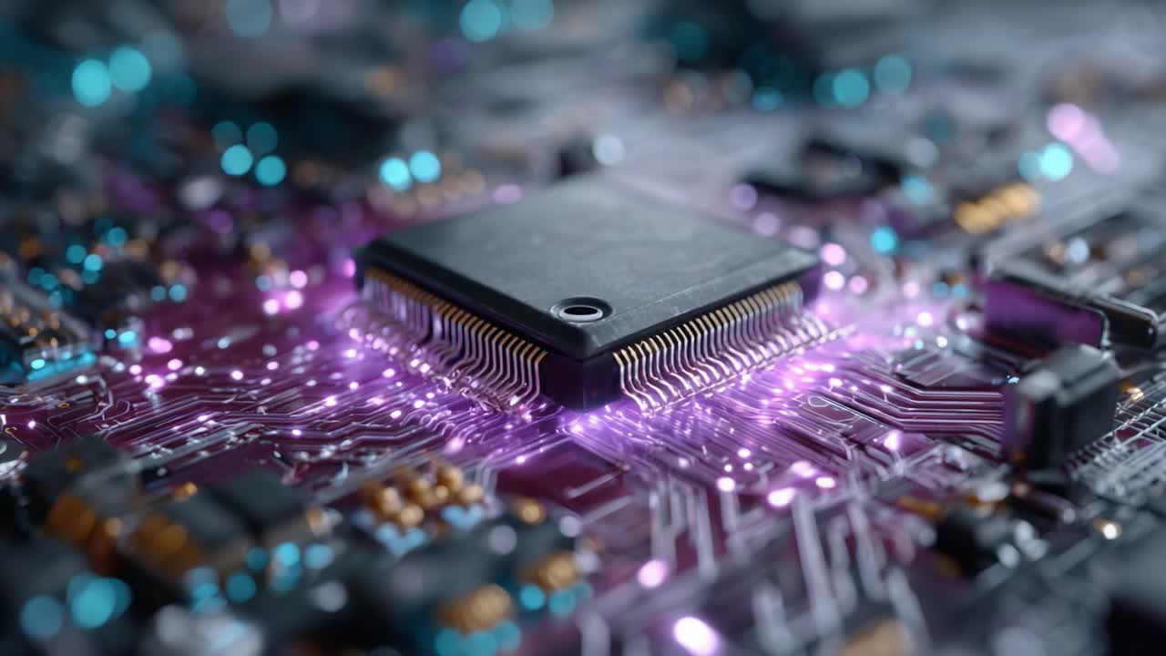 Intricate Close-Up of a Computer Motherboard Featuring a Central Processing Unit Surrounded by Vibrant Circuitry and Illuminated Connections