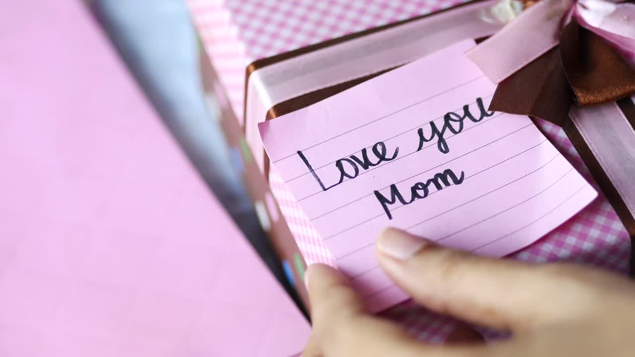 Mano che tiene un biglietto con scritto "Ti voglio bene Mamma" su una confezione regalo