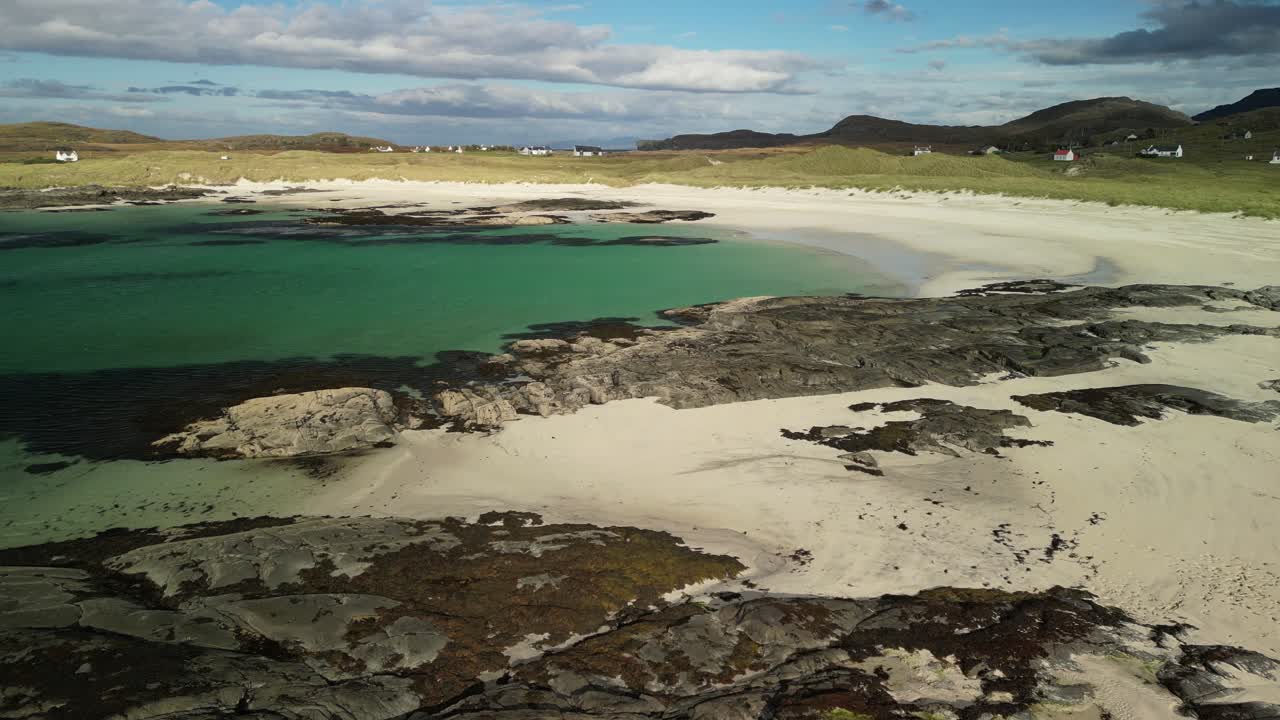 Aerial Sanna Bay, sandy beach and rocky coastline, Ardnamurchan, Scotland