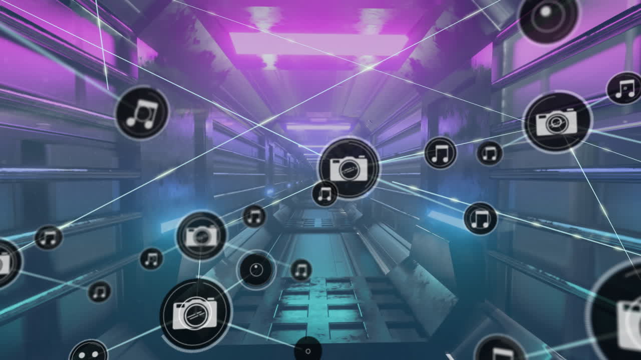 네온 터널 배경 위에 아이콘으로 연결 네트워크의 애니메이션