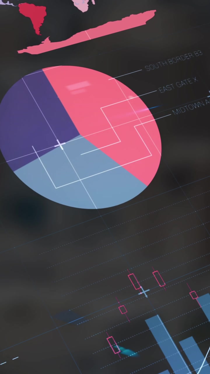 Animazione di elaborazione dati statistici su una rete a griglia sullo sfondo di grattacieli.