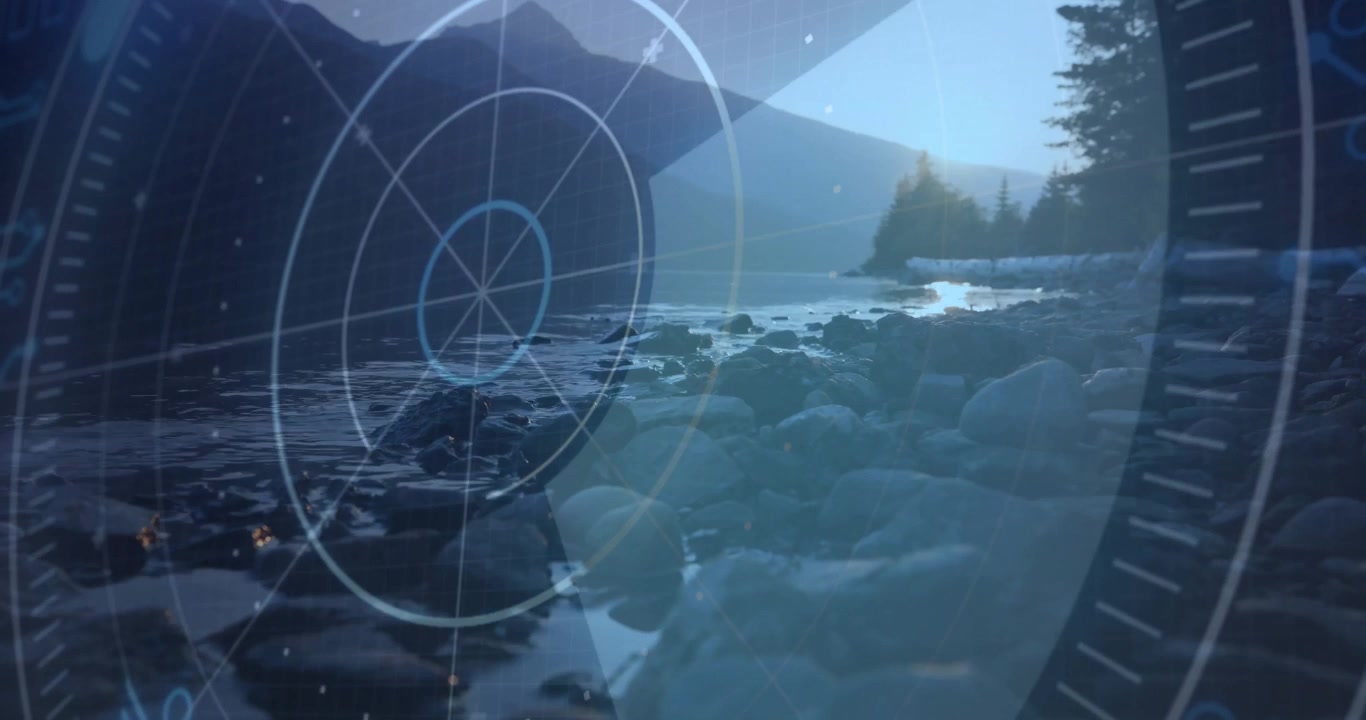 Display radar animato su uno sfondo di lago di montagna naturale.